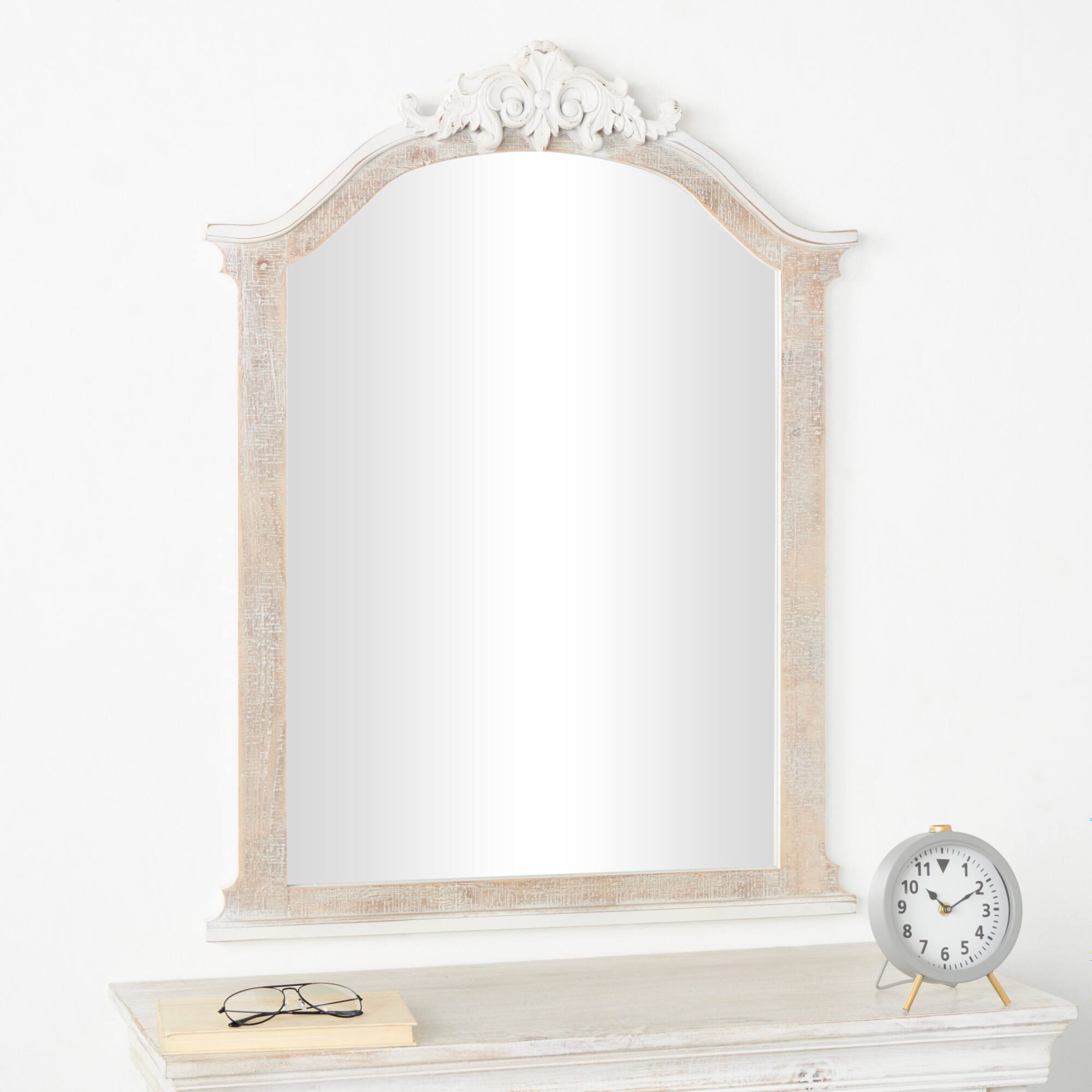 Cream Wooden Arched Scroll Room Wall Mirror with Brown Distressing